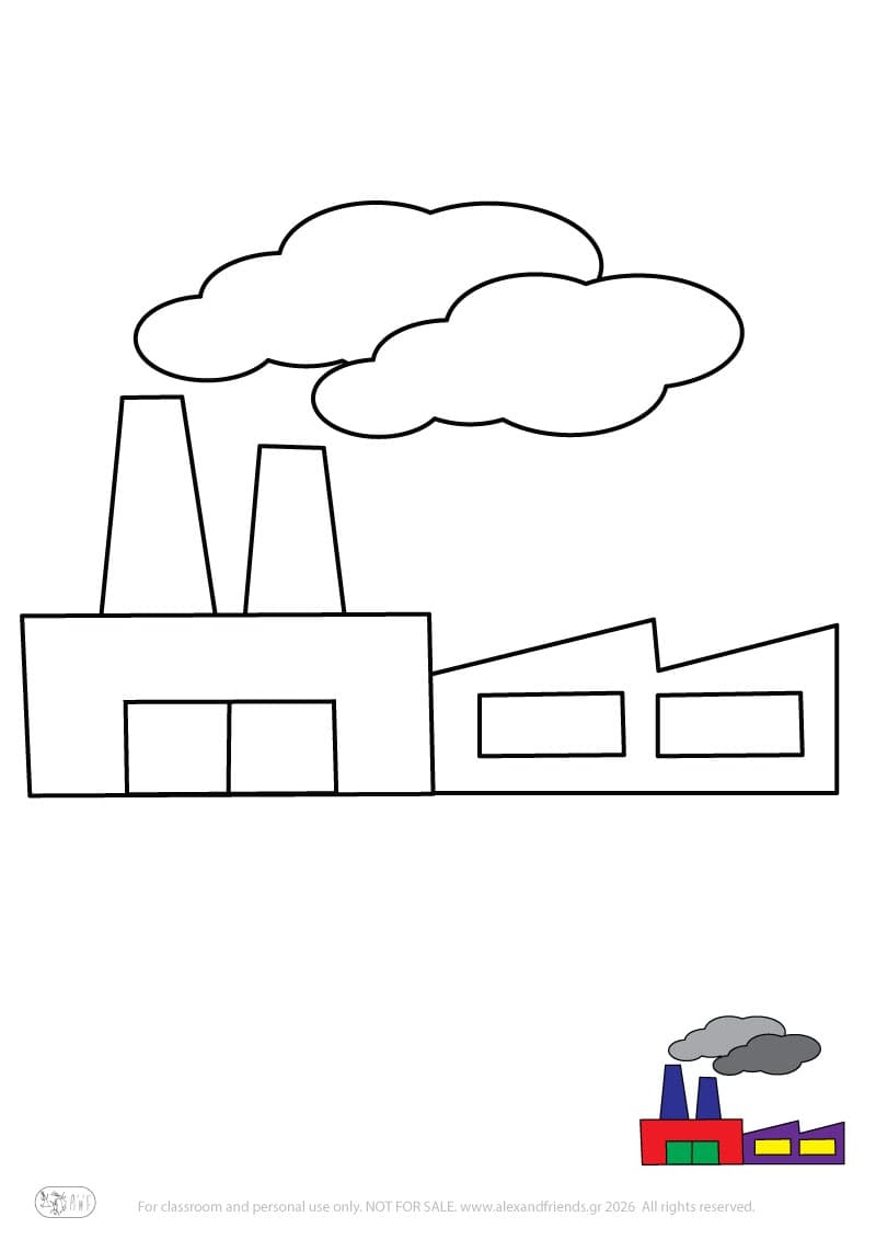 Εκπαιδευτική δραστηριότητα για παιδιά. Δωρεάν εκτυπώσιμο φύλλο ζωγραφικής με εργοστάσιο