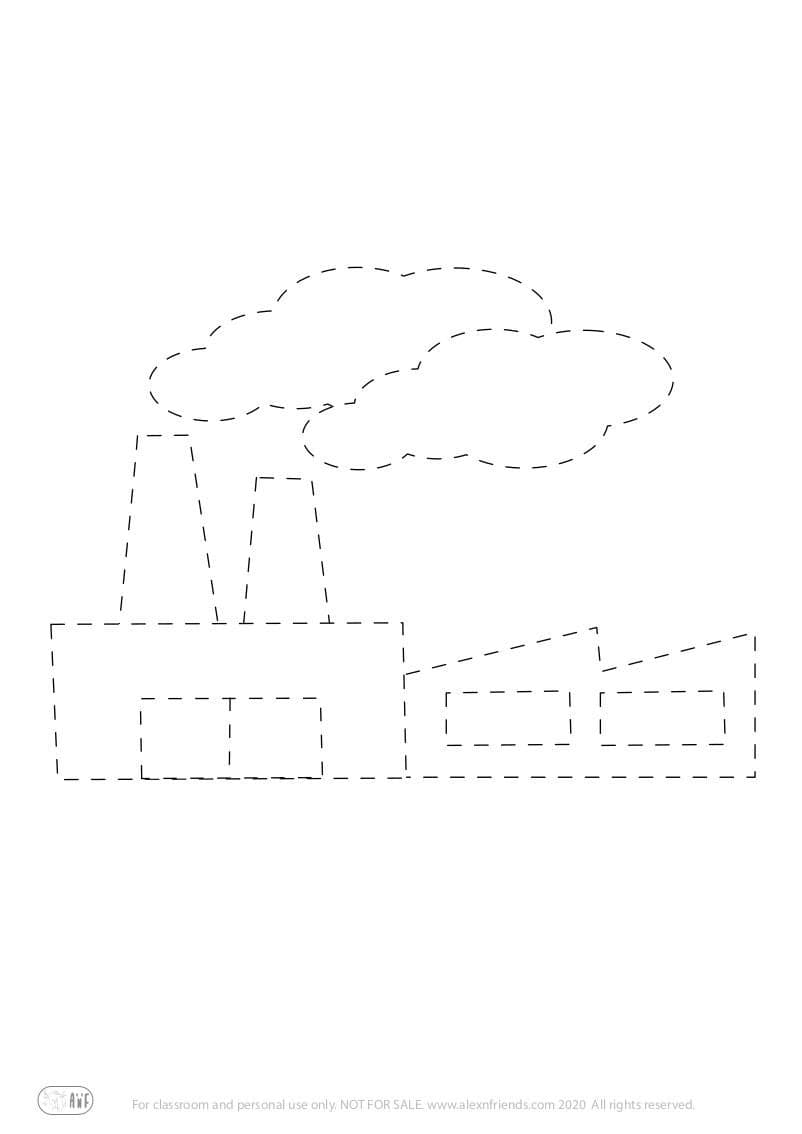 Free printable pre-writing worksheet for preschoolers. A factory.