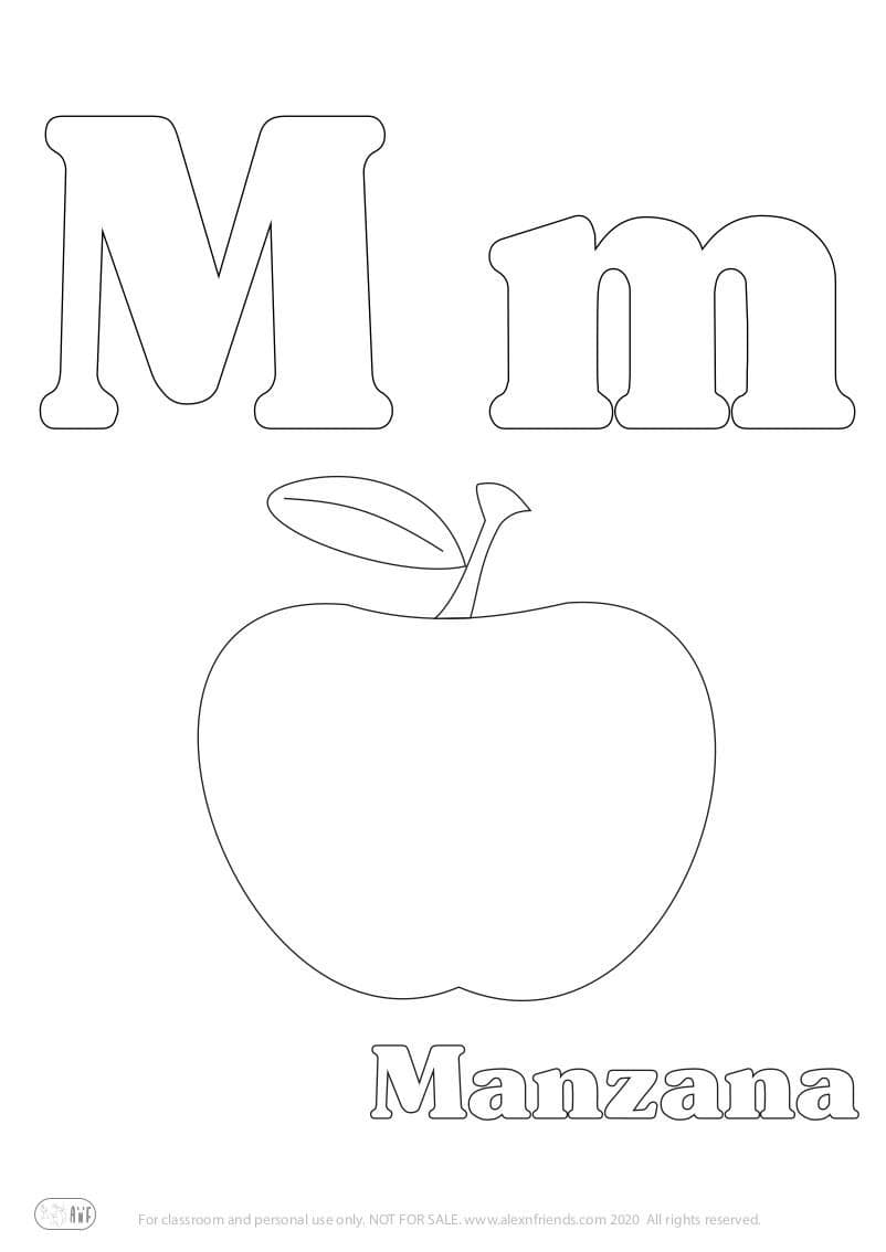 Learning Spanish alphabet for kids. Free printable coloring page with letter M m and apple