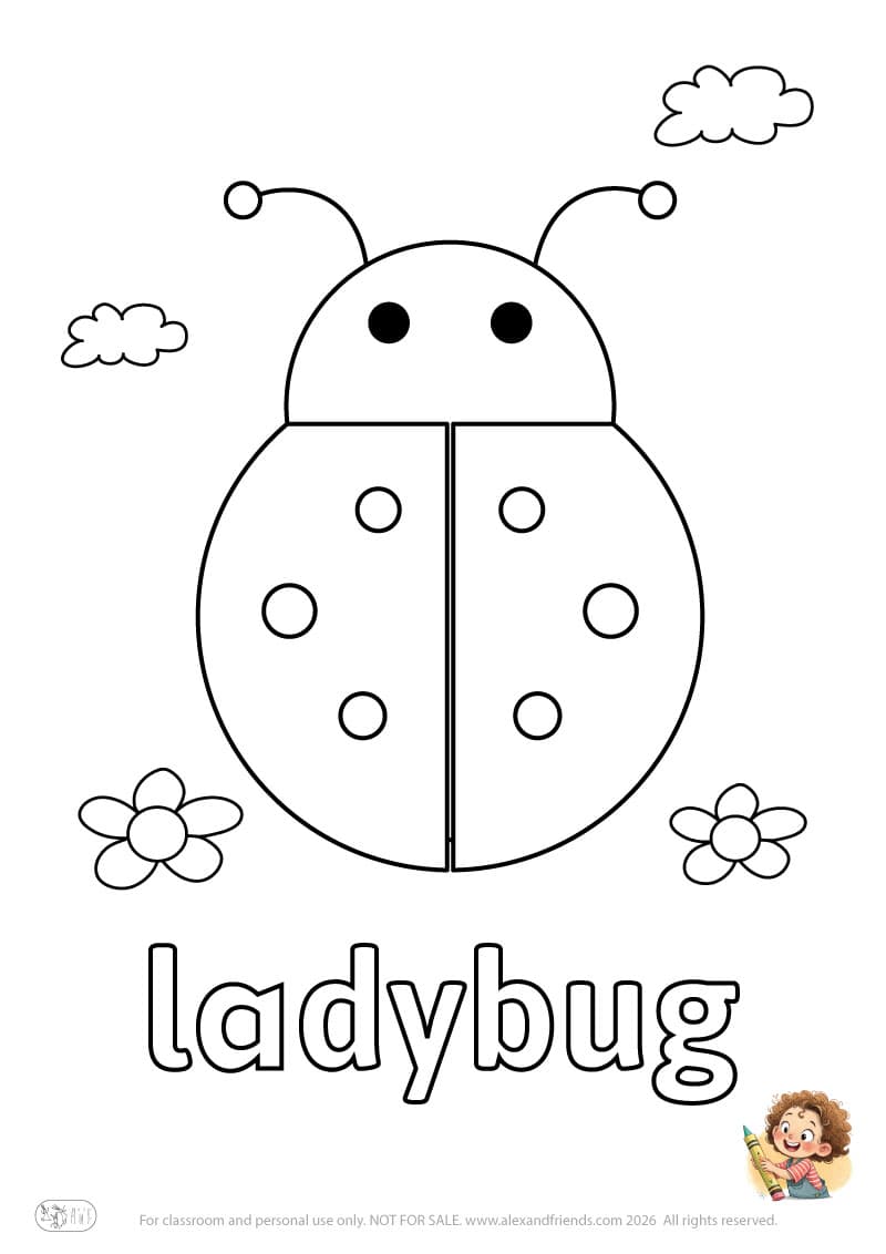 Letter l - ladybug. Printable English alphabet coloring pages for children learning letters