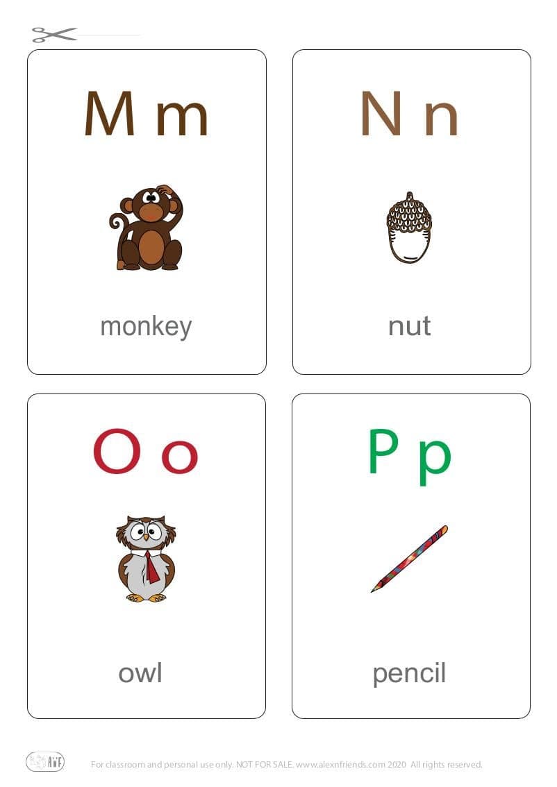 Learning english alphabet for kids. Free printable flash card with letters M m, N n, O o, P p and a monkey, nut, owl, pencil