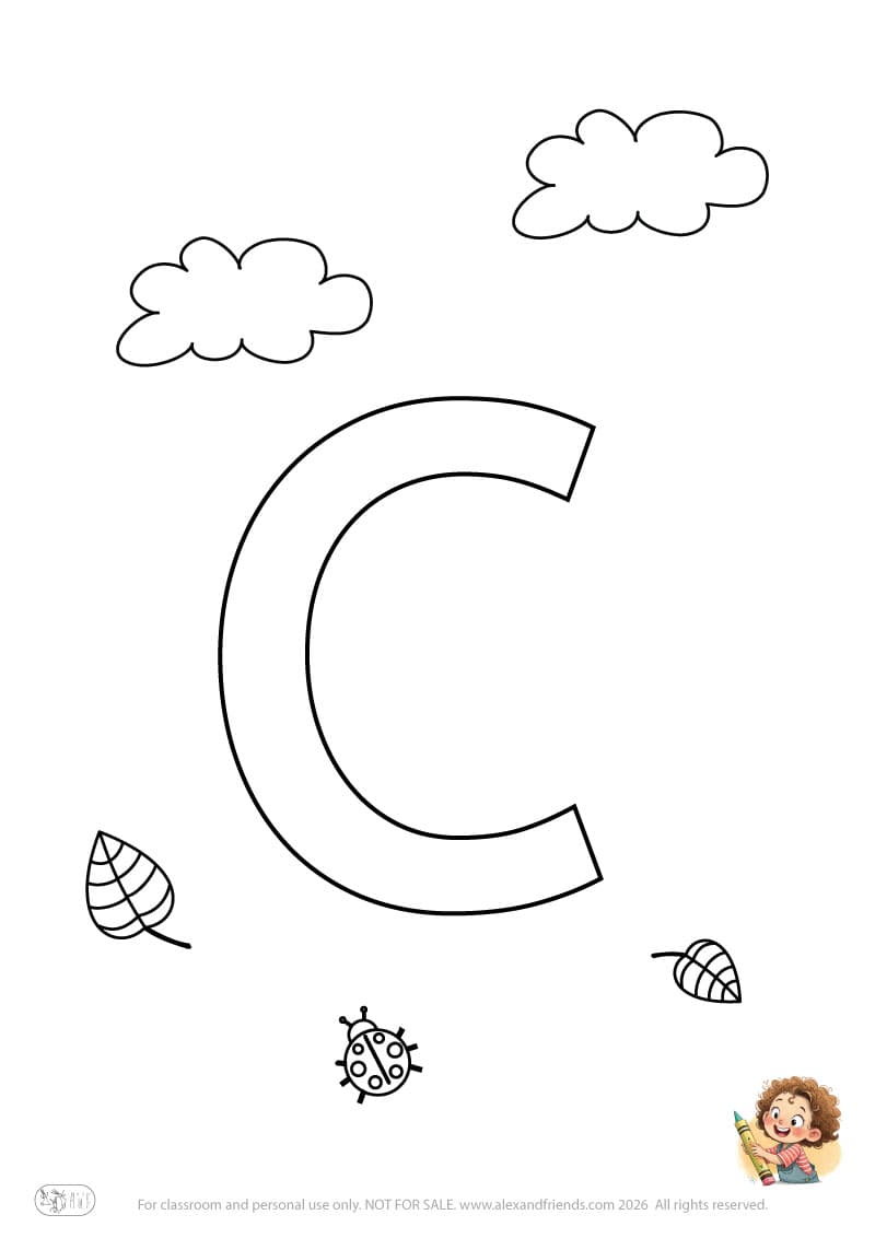 Letter c. Printable English alphabet coloring pages for children learning letters