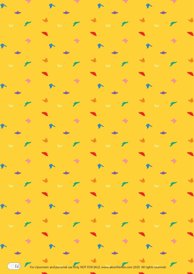 Free printable wrapping paper for Easter with Easter and spring motifs. Butterflies in yellow background.