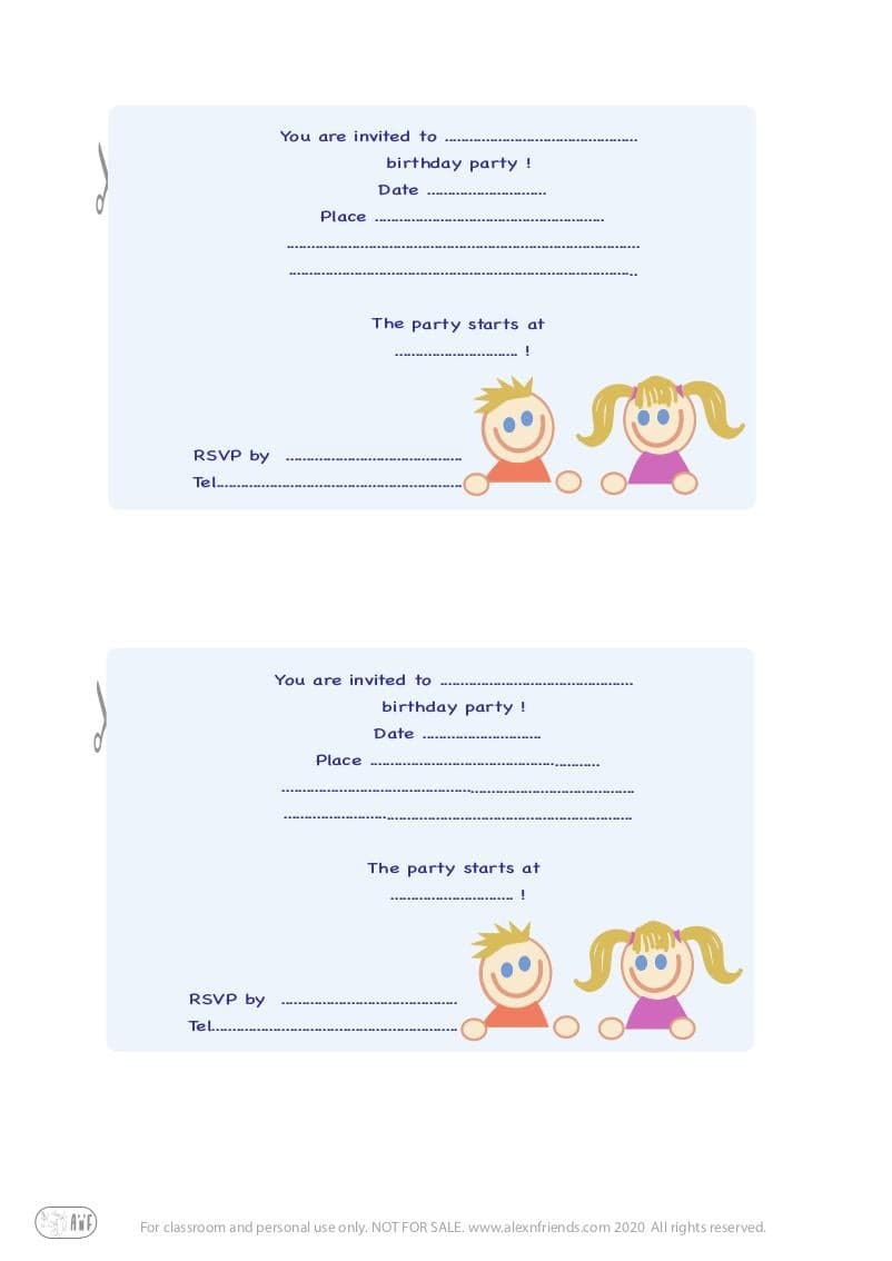 Free printable kid's birthday invitation in english with happy faces of a boy and a girl in blue background.