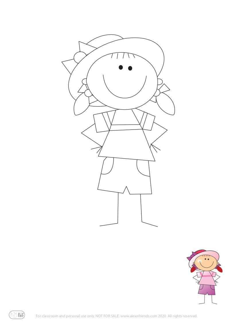 Learning activity for kids. Free printable coloring page of a girl