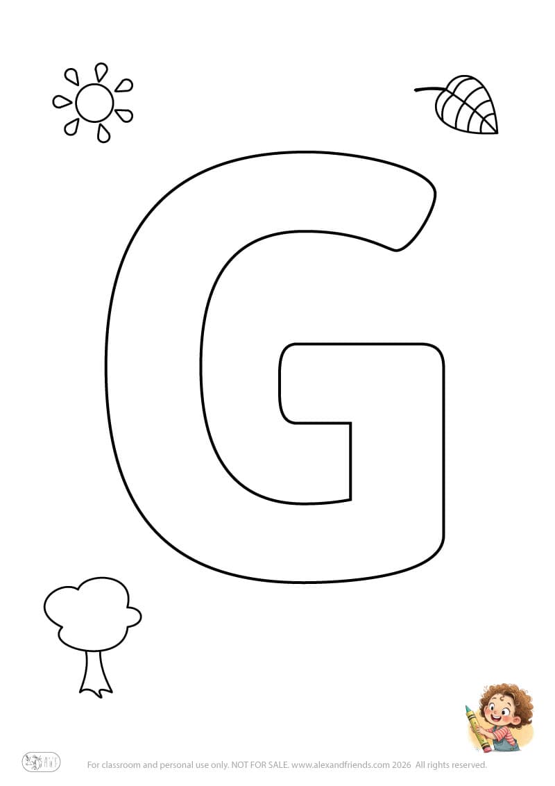 Letter G. Printable English alphabet coloring pages for children learning letters