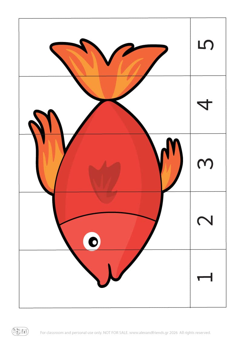 Fish. Printable educational number puzzle. Learn numbers activity for kids