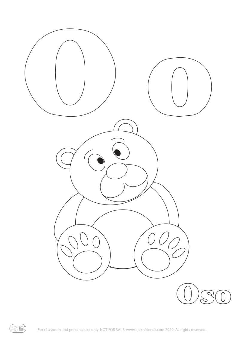 Learning Spanish alphabet for kids. Free printable coloring page with letter O o and bear