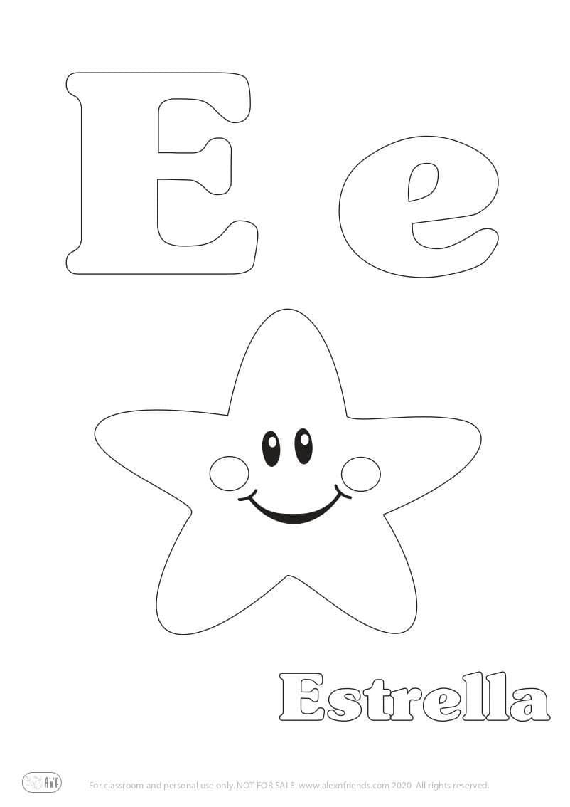 Learning Spanish alphabet for kids. Free printable coloring page with letter Ε e and star