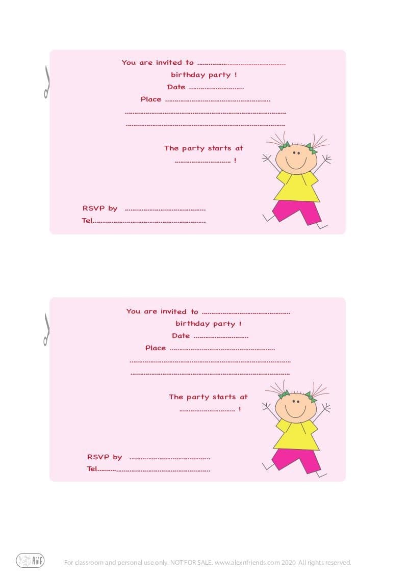 Free printable kid's birthday invitation in english with happy girl in pink background.