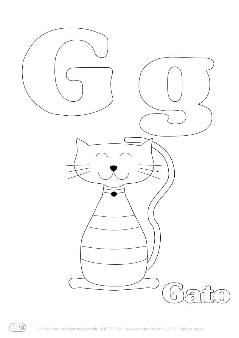 Learning Spanish alphabet for kids. Free printable coloring page with letter G g and cat