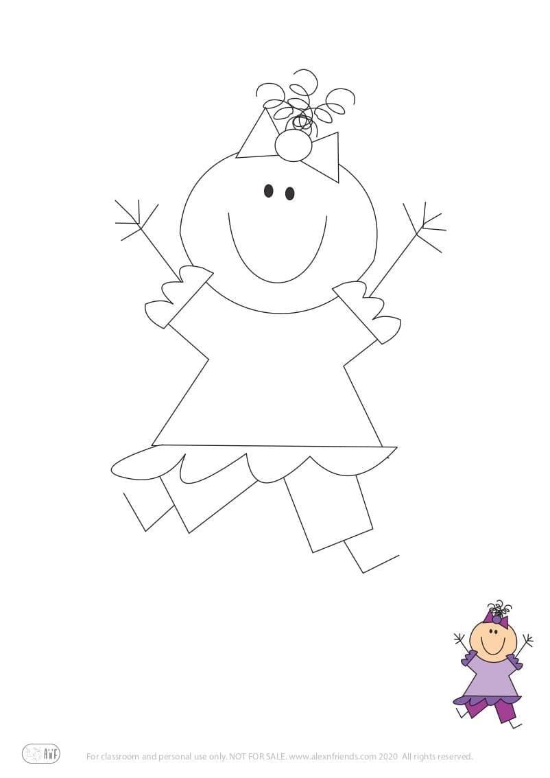 Learning activity for kids. Free printable coloring page of a happy girl