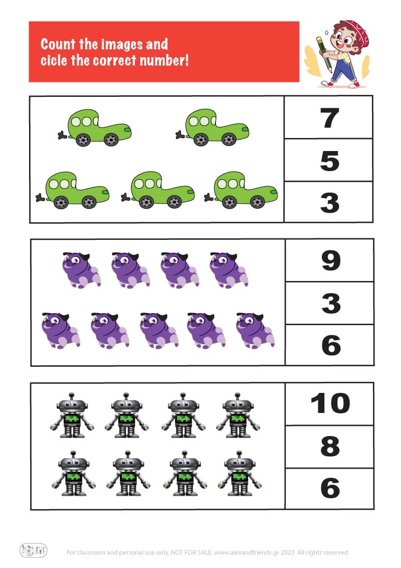 Count the images. Printable worksheets and activities that help kids practice number recognition and early math skills.