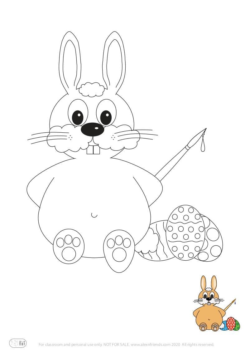 Free printable coloring page for kids for Easter. Bunny and eggs.