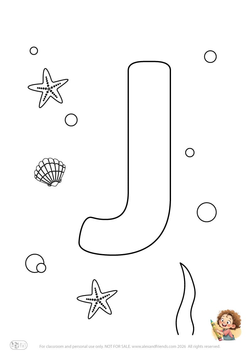 Letter J. Printable English alphabet coloring pages for children learning letters