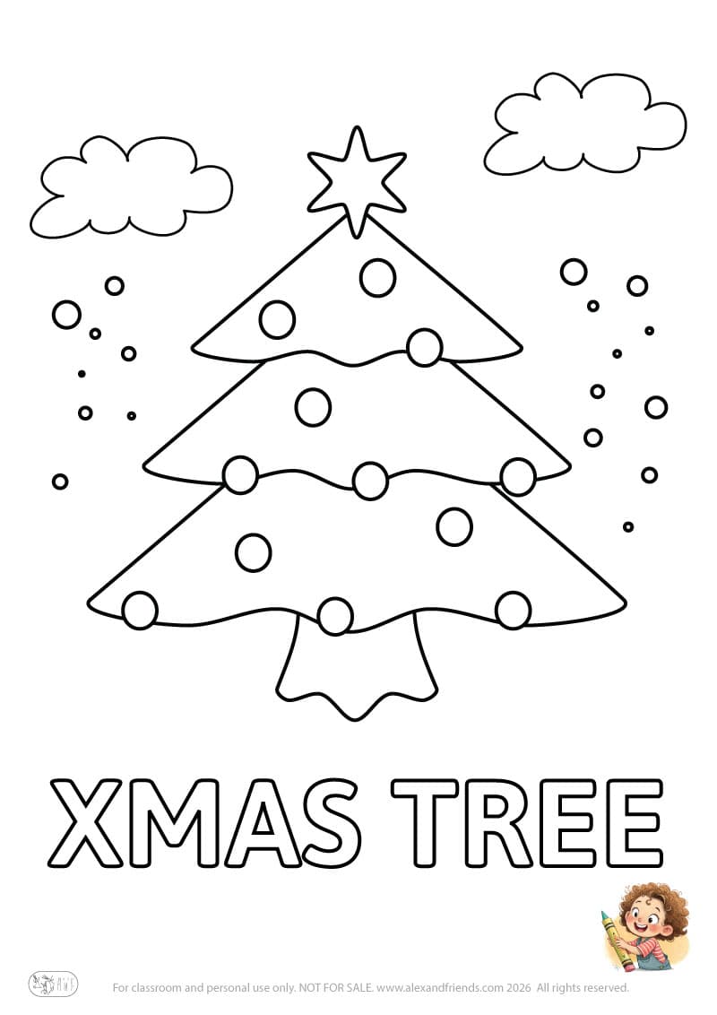 Letter X - XMAS TREE. Printable English alphabet coloring pages for children learning letters