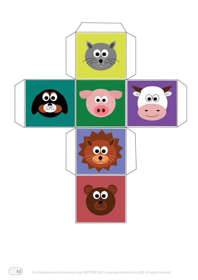 Educational play for preschoolers. Cube with colors and animal faces.