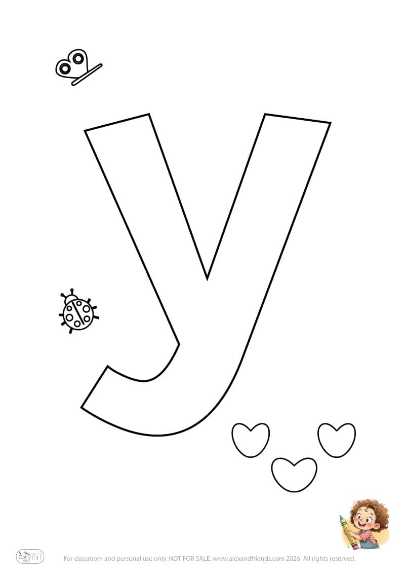 Letter y. Printable English alphabet coloring pages for children learning letters