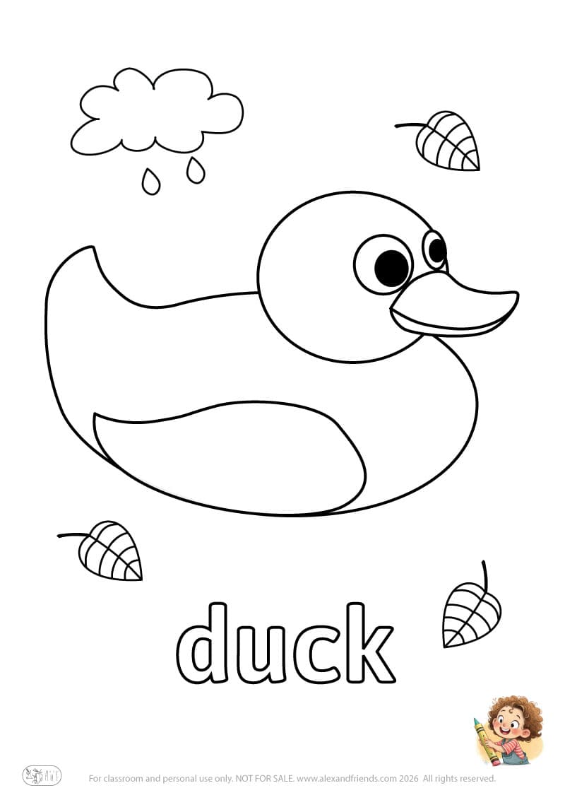 Letter d - duck. Printable English alphabet coloring pages for children learning letters