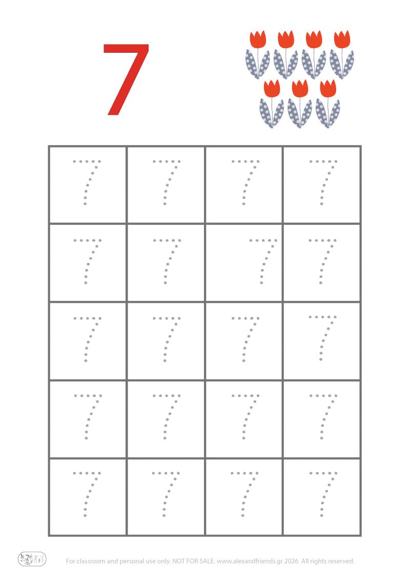 Number 7. Easter pre-writing number worksheets for kids