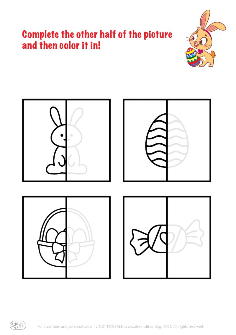 Complete the other half. Printable Easter preschool worksheet 
