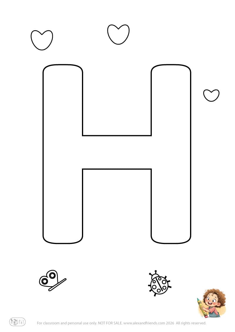 Letter H. Printable English alphabet coloring pages for children learning letters