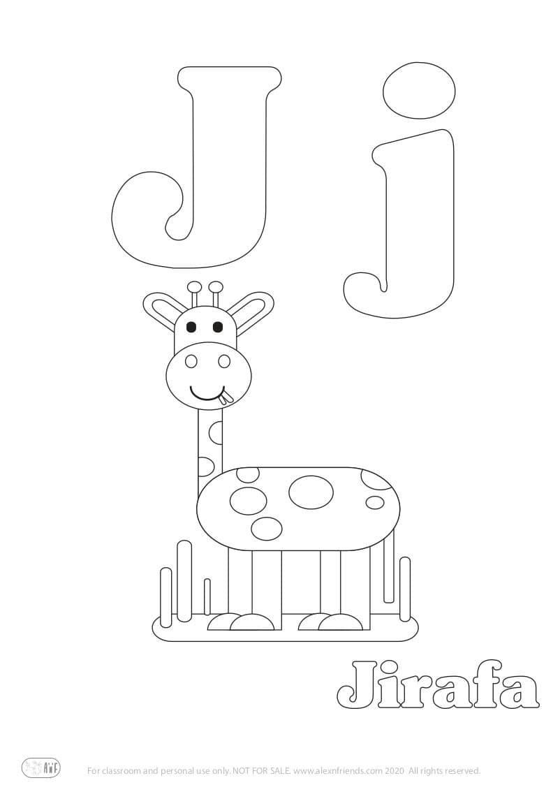 Learning Spanish alphabet for kids. Free printable coloring page with letter J j and giraffe