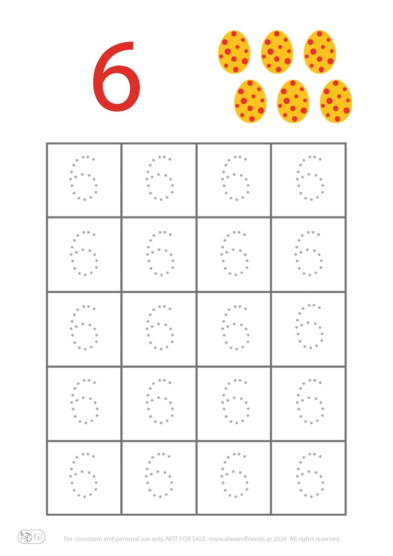 Number 6. Easter pre-writing number worksheets for kids