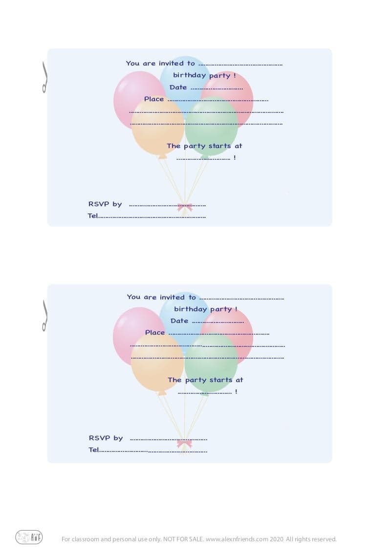 Free printable kid's birthday invitation in english with colorful balloons in blue background.