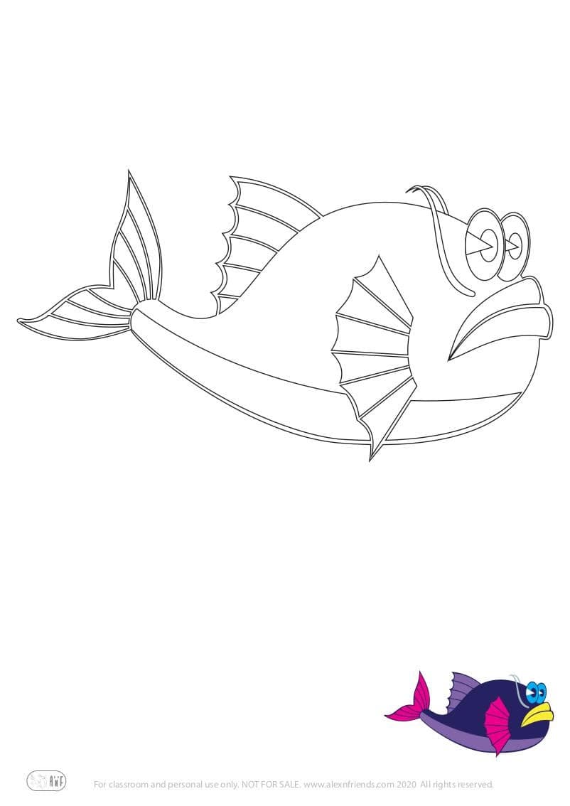 Learning activity for kids. Free printable coloring page of a fish.
