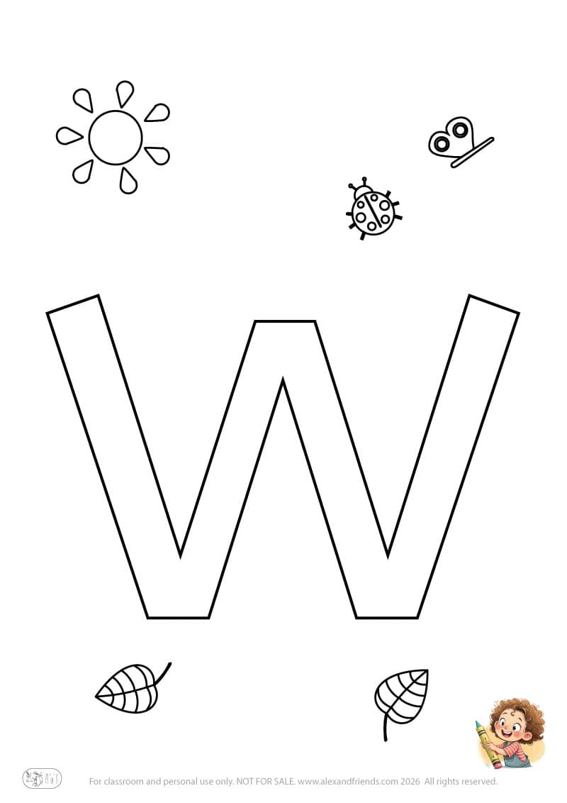 Letter w. Printable English alphabet coloring pages for children learning letters