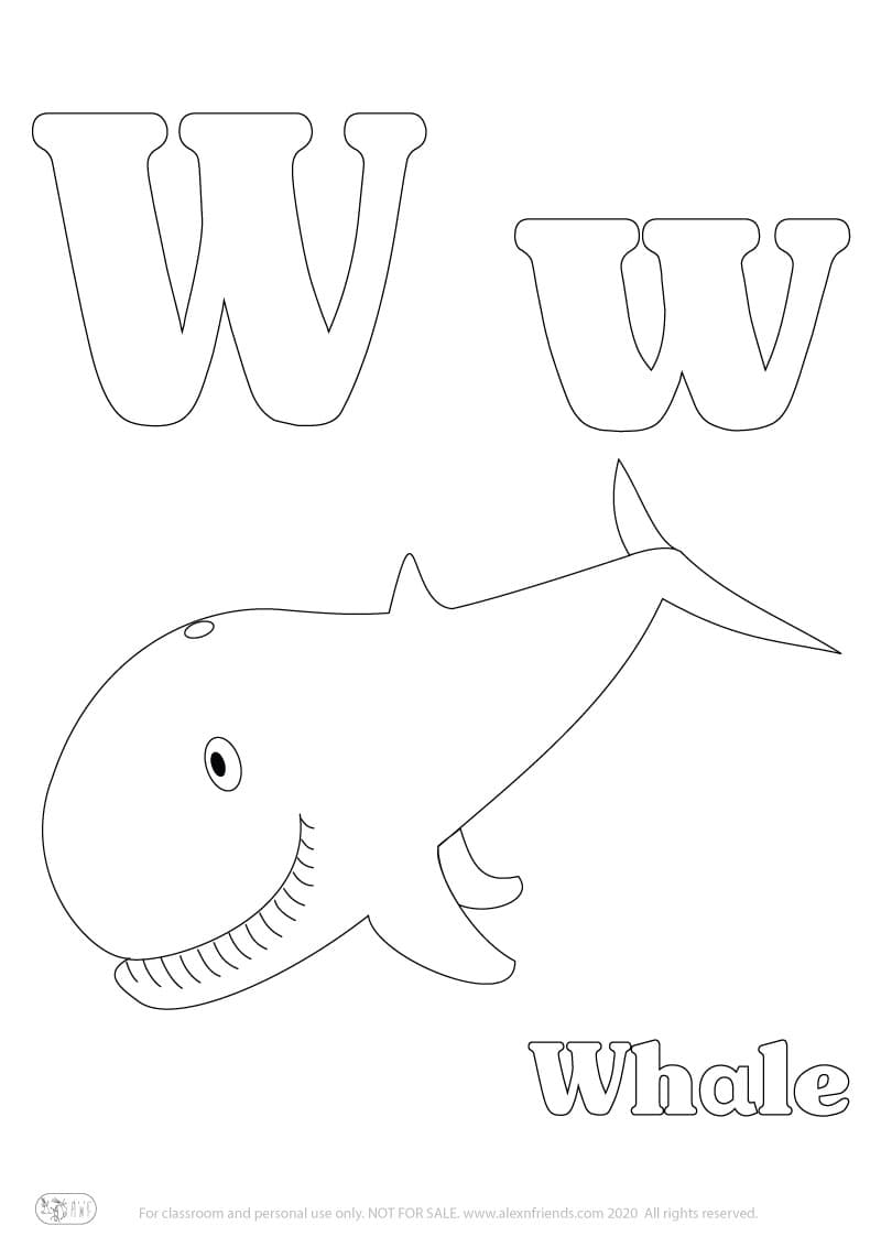 Εκμάθηση της αγγλικής αλφαβήτου για παιδιά. Δωρεάν εκτυπώσιμο φύλλο ζωγραφικής με το γράμμα W w και μία φάλαινα