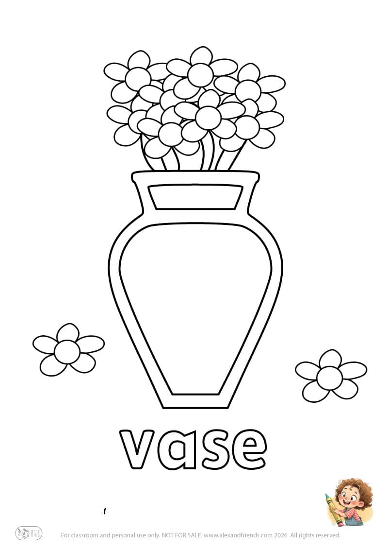 Letter v - vase. Printable English alphabet coloring pages for children learning letters