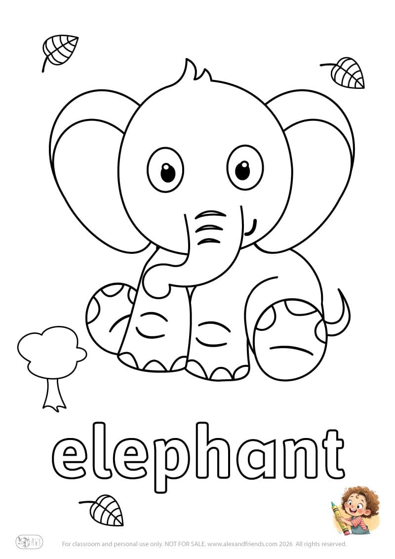 Letter e - elephant. Printable English alphabet coloring pages for children learning letters