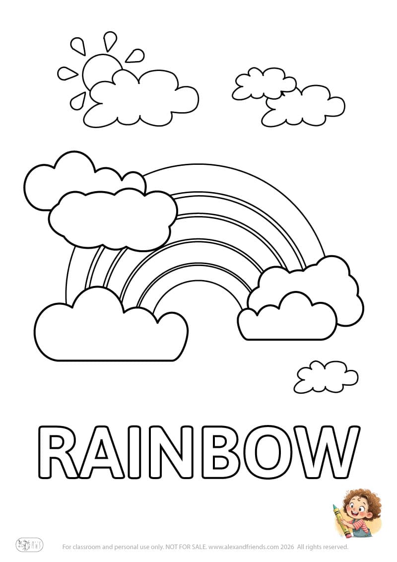 Letter R - RAINBOW. Printable English alphabet coloring pages for children learning letters