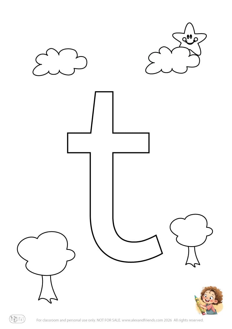 Letter t. Printable English alphabet coloring pages for children learning letters