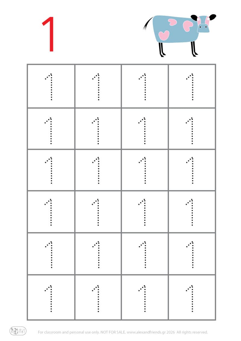 Προγραφική - Αριθμός 1. Δραστηριότητα γραφής αριθμών για νηπιαγωγείο, εκπαιδευτικό φύλλο εργασίας αριθμών