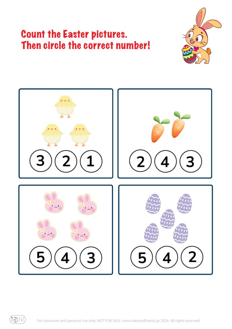 Count and circle. Printable Easter preschool worksheet 
