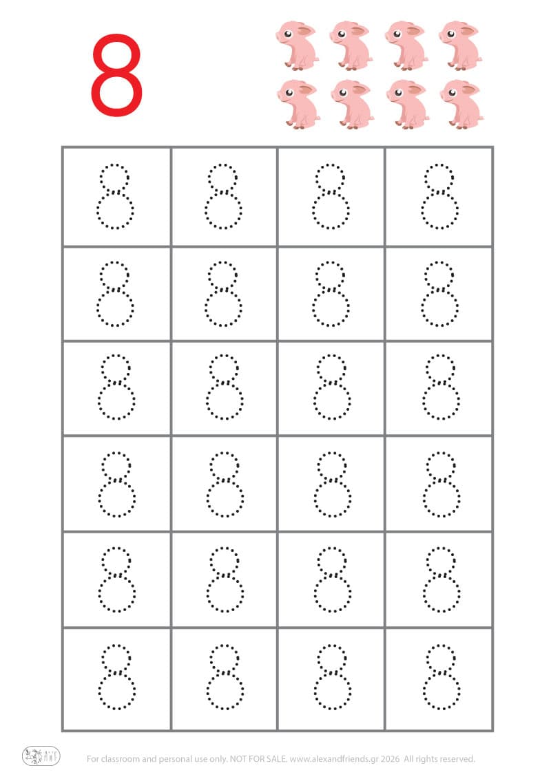 Προγραφική - Αριθμός 8. Δραστηριότητα γραφής αριθμών για νηπιαγωγείο, εκπαιδευτικό φύλλο εργασίας αριθμών