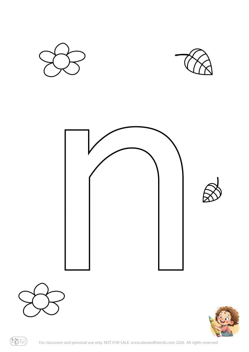 Letter n. Printable English alphabet coloring pages for children learning letters