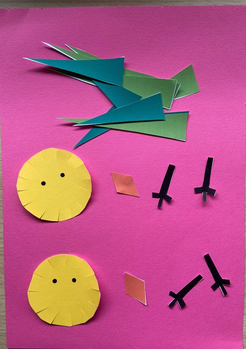Easy Easter craft for kids with free printable material. Chicks with spring background.