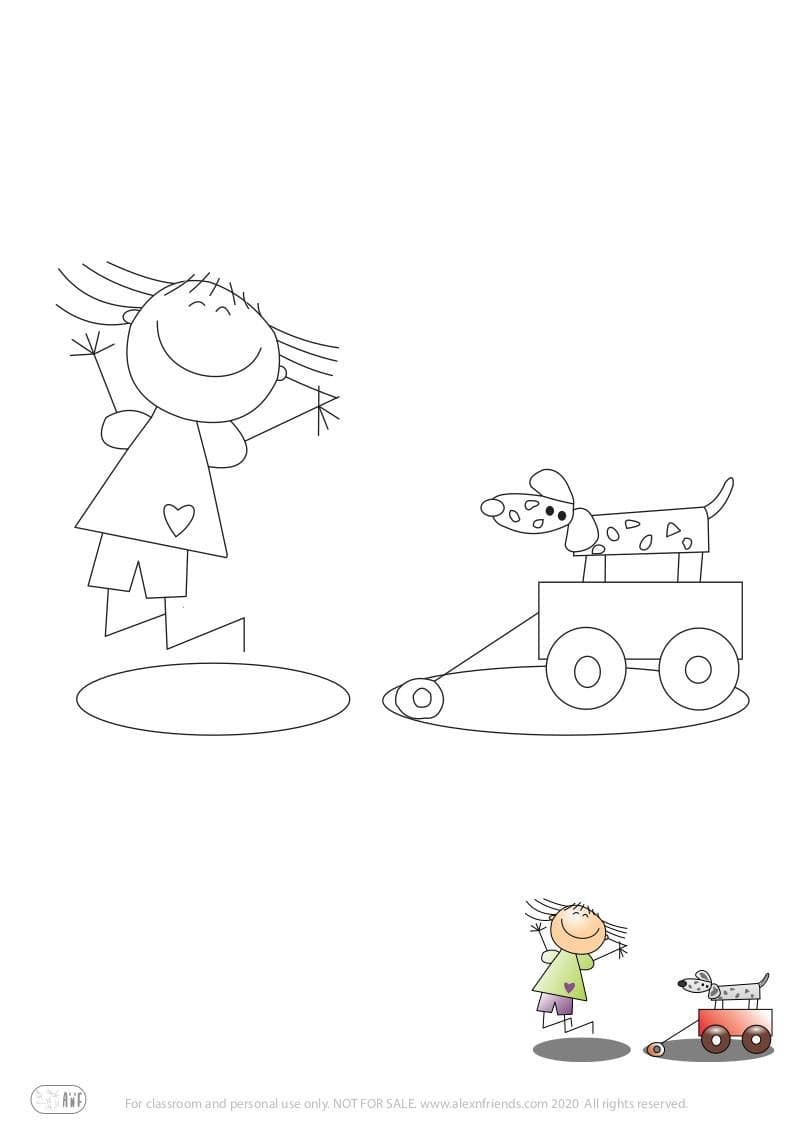 Learning activity for kids. Free printable coloring page of kid and dog