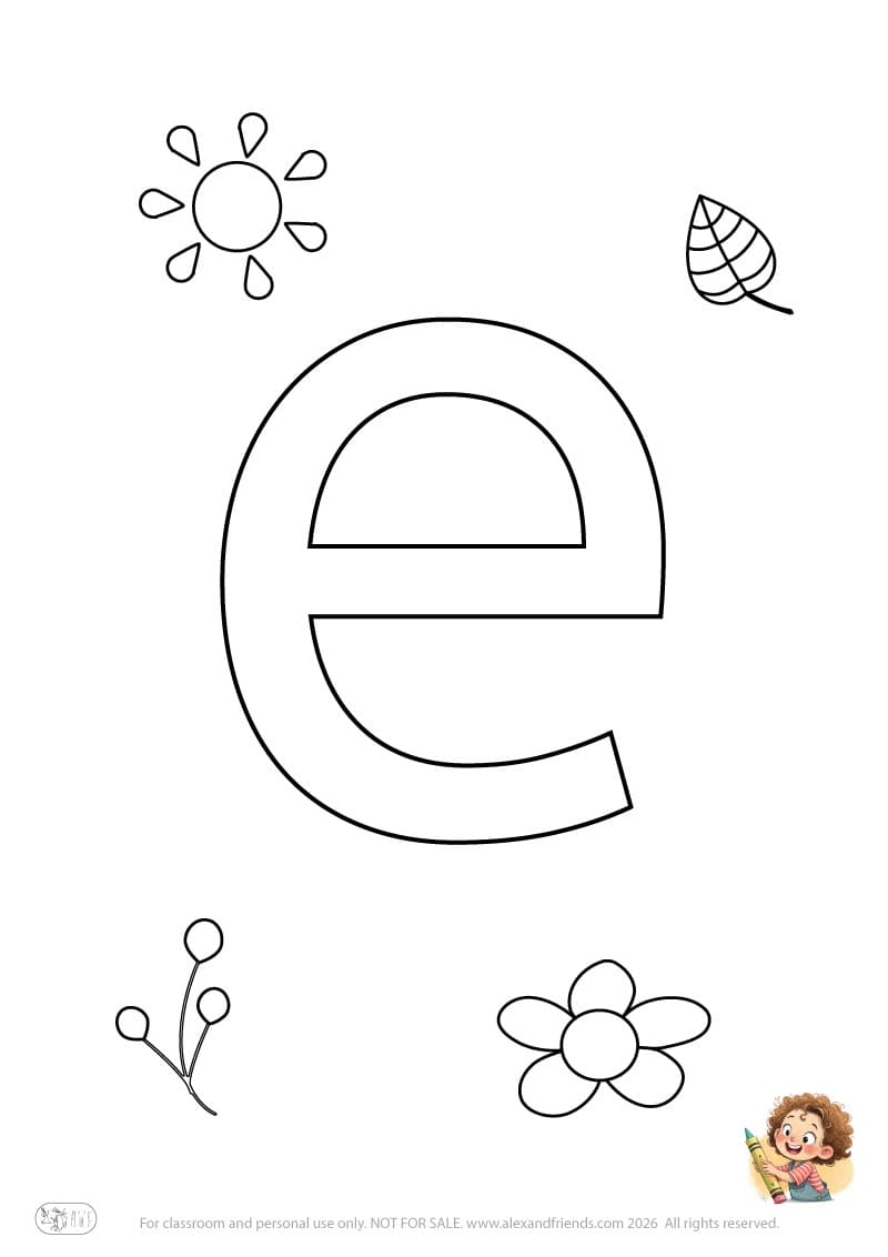 Letter e. Printable English alphabet coloring pages for children learning letters