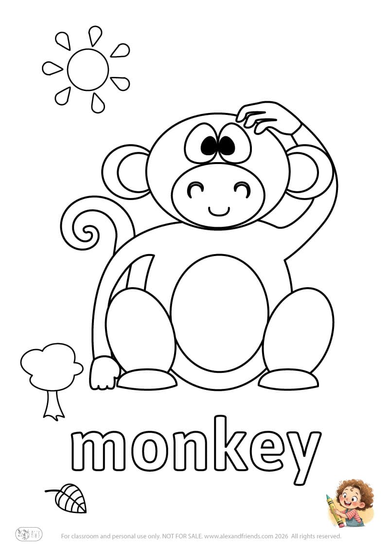 Letter m - monkey. Printable English alphabet coloring pages for children learning letters