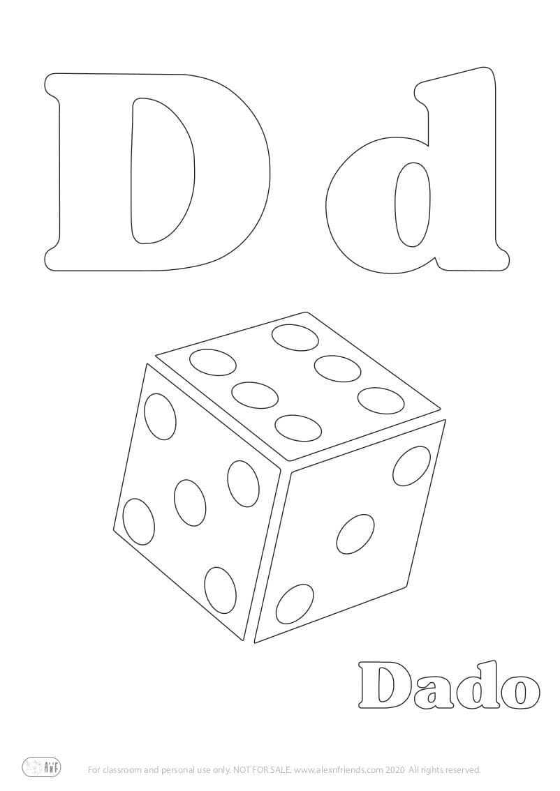 Learning Spanish alphabet for kids. Free printable coloring page with letter letter D d and dice