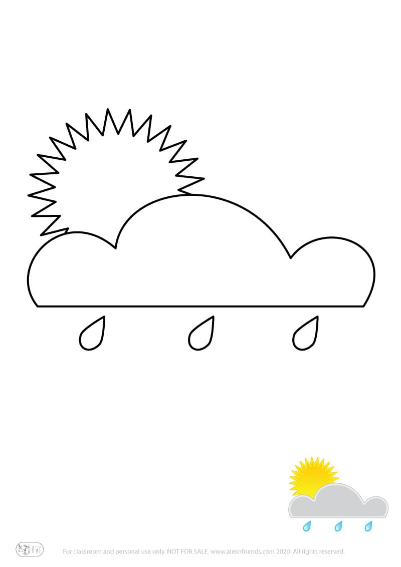Εκπαιδευτική δραστηριότητα για παιδιά. Δωρεάν εκτυπώσιμο φύλλο ζωγραφικής με σύννεφα, βροχή και ήλιο