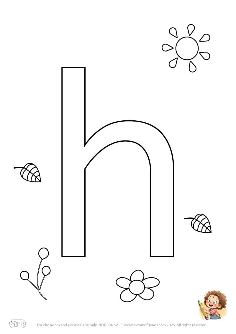 Letter h. Printable English alphabet coloring pages for children learning letters