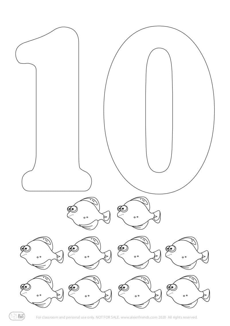 Cute free printable coloring page for kids. Learning number 10.