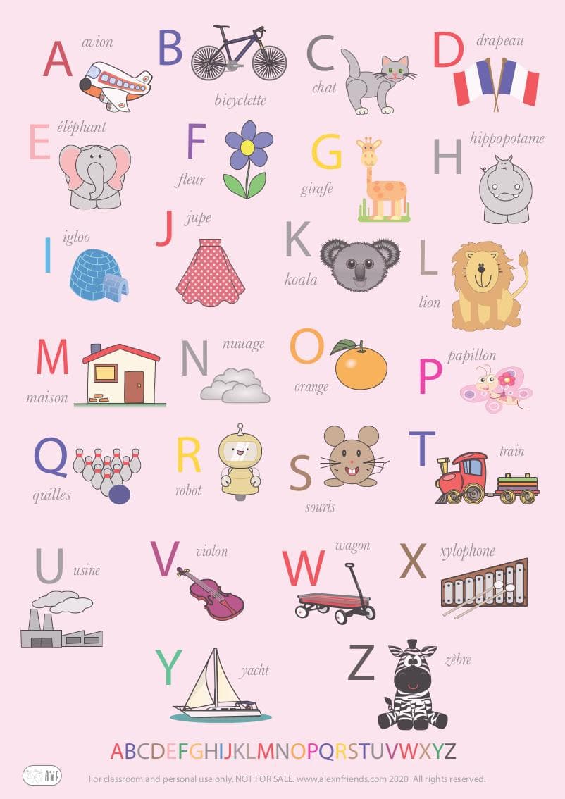 Free printable pink poster. Learning french alphabet for kids