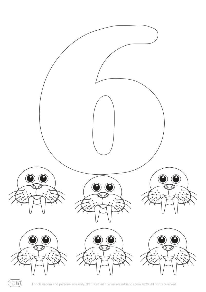 Free printable coloring page for kids. Learning number 6
